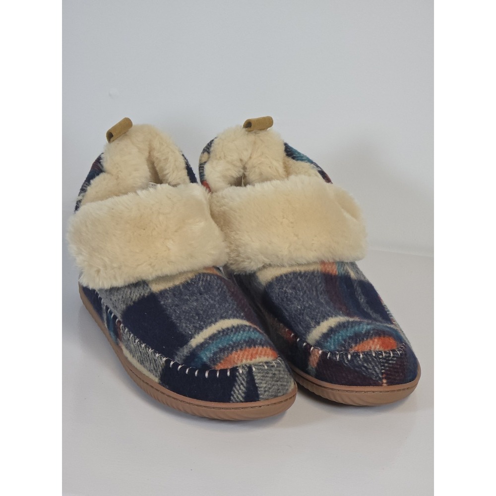 Dearfoams Alpine Moritz Plaid Bootie Slipper Women Size 11/12 Orange Blue Beige - Picture 1 of 6